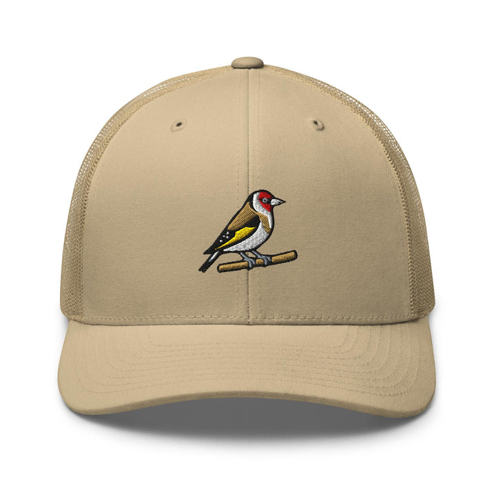 European Goldfinch Embroidered Trucker Hat: Structured Retro Cap with Mesh Back