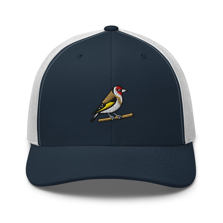 European Goldfinch Embroidered Trucker Hat: Structured Retro Cap with Mesh Back
