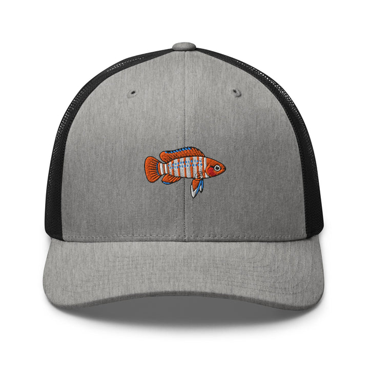 Scarlet Badis Embroidered Trucker Hat: Structured Retro Cap with Mesh Back