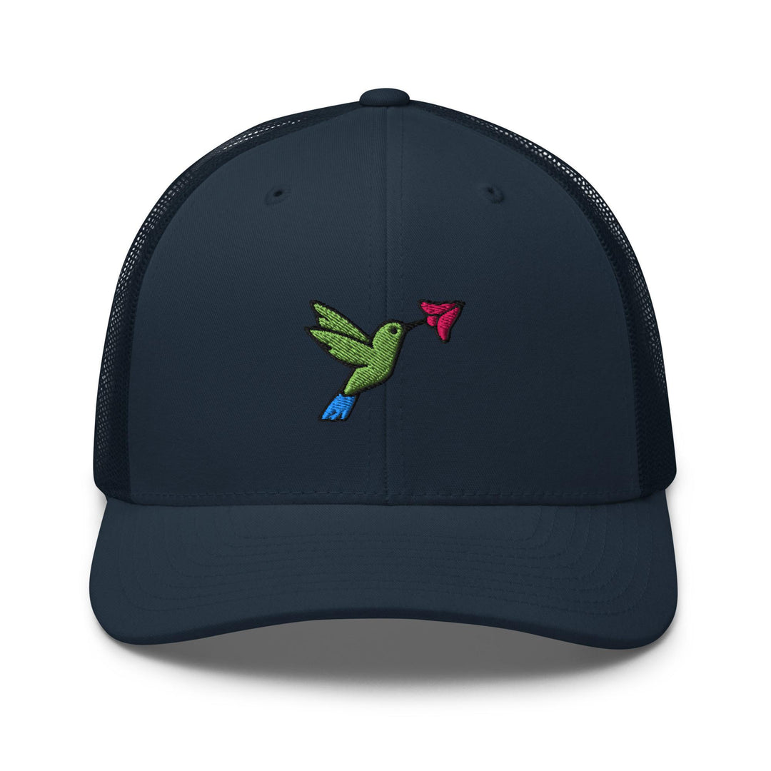 Hummingbird Embroidered Trucker Hat: Structured Retro Cap with Mesh Back