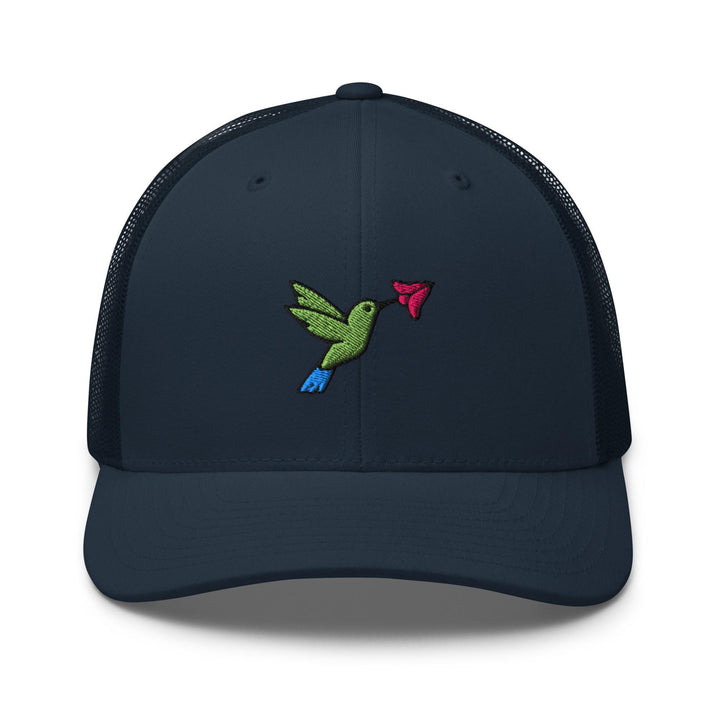 Hummingbird Embroidered Trucker Hat: Structured Retro Cap with Mesh Back