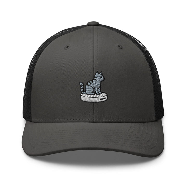 Cat on Vacuum Robot Embroidered Trucker Hat: Structured Retro Cap with Mesh Back