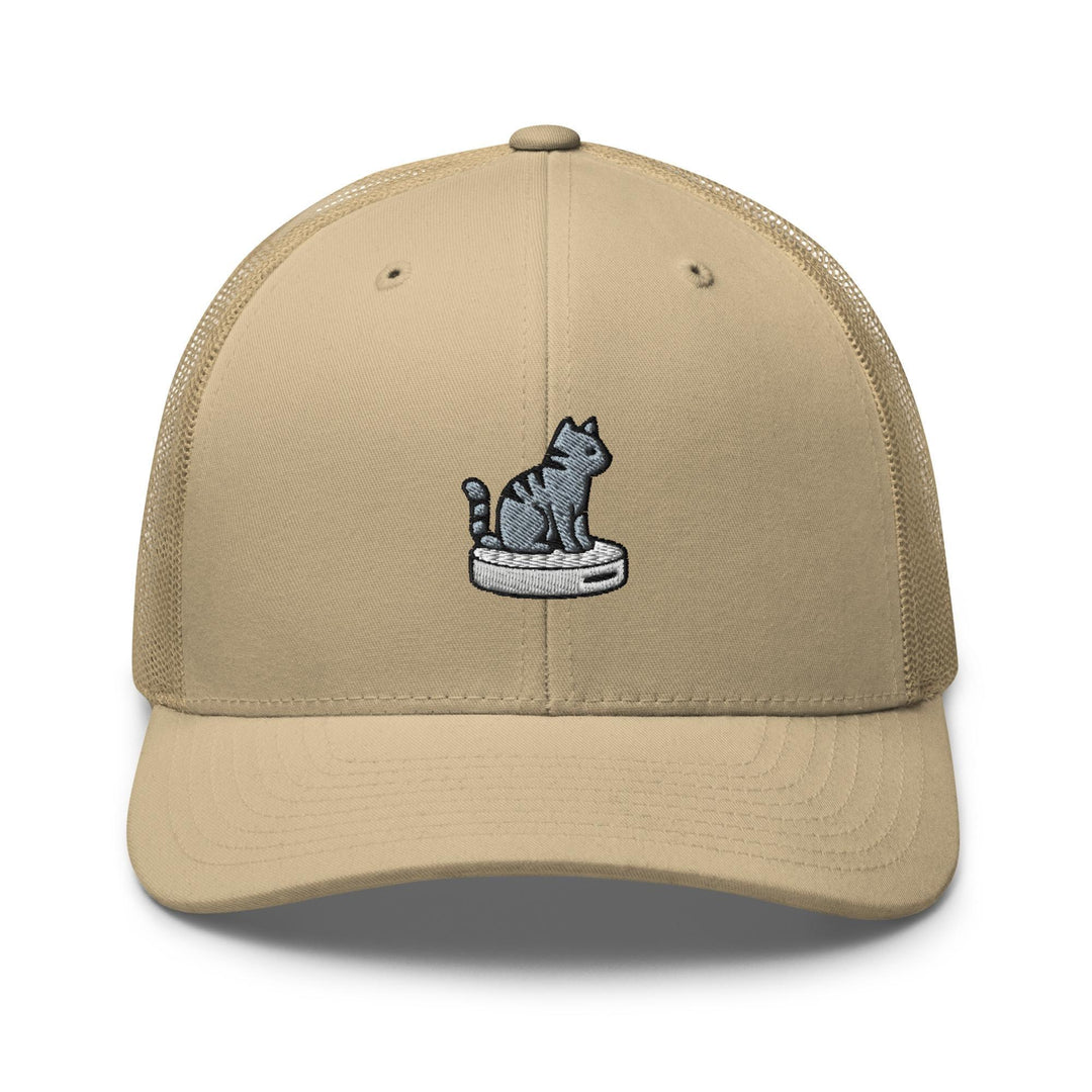 Cat on Vacuum Robot Embroidered Trucker Hat: Structured Retro Cap with Mesh Back
