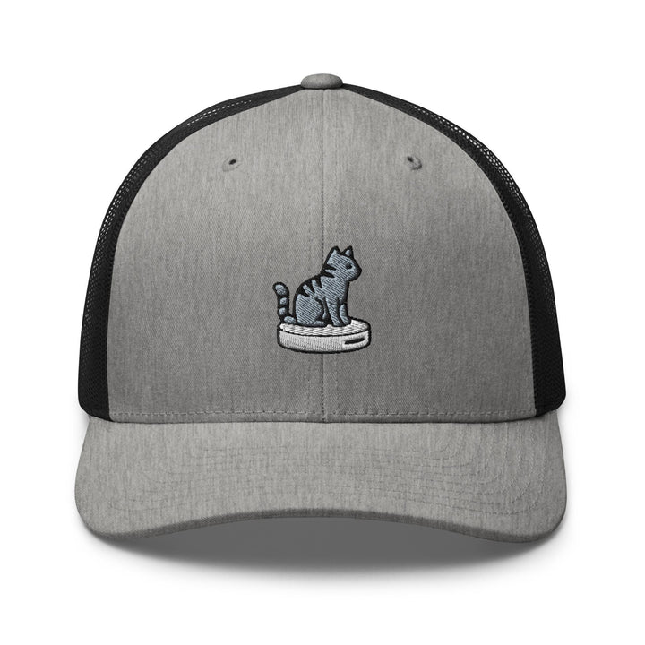 Cat on Vacuum Robot Embroidered Trucker Hat: Structured Retro Cap with Mesh Back