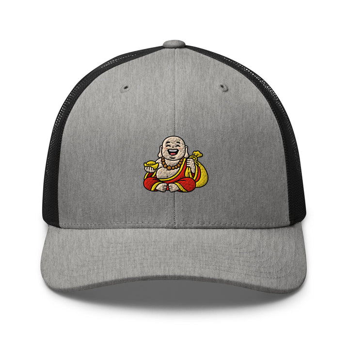 Budai Laughing Buddha Embroidered Trucker Hat: Structured Retro Cap with Mesh Back