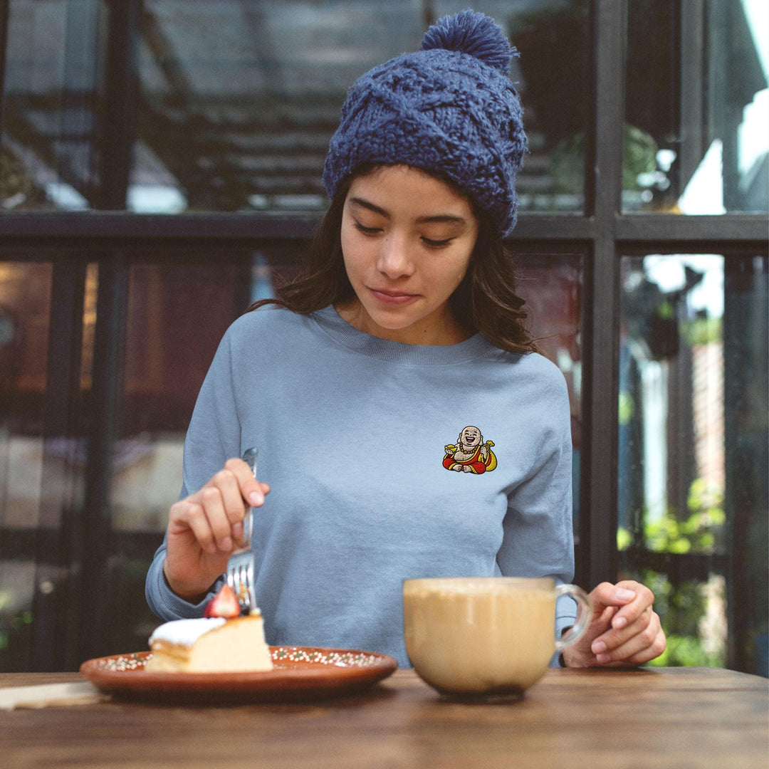 Budai Laughing Buddha Embroidered Crewneck Sweatshirt: Cotton Blend, Unisex Fit
