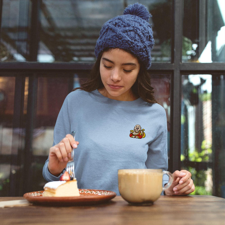 Budai Laughing Buddha Embroidered Crewneck Sweatshirt: Cotton Blend, Unisex Fit