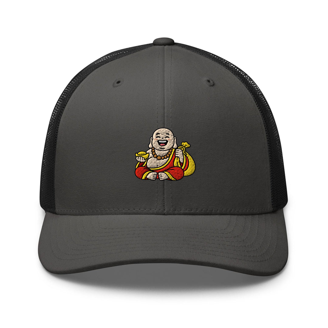Budai Laughing Buddha Embroidered Trucker Hat: Structured Retro Cap with Mesh Back