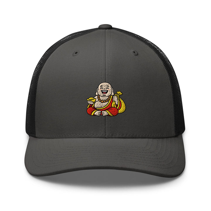 Budai Laughing Buddha Embroidered Trucker Hat: Structured Retro Cap with Mesh Back
