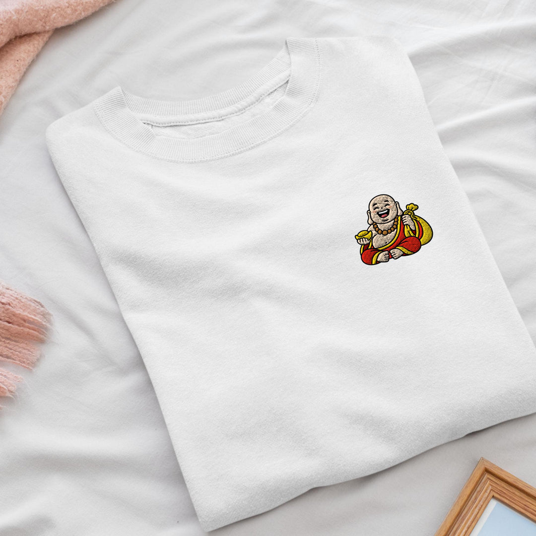Budai Laughing Buddha Embroidered Crewneck Sweatshirt: Cotton Blend, Unisex Fit