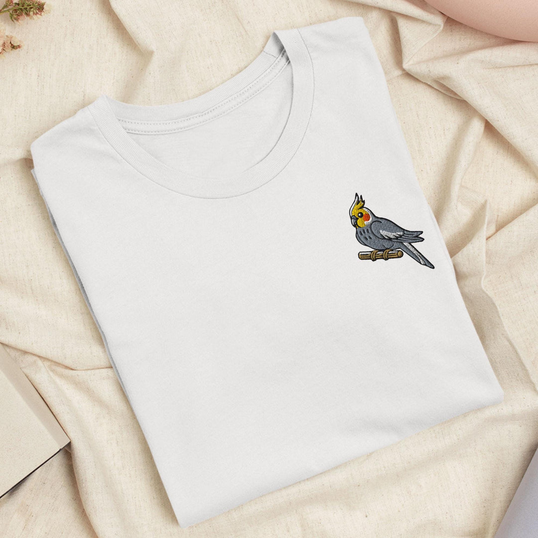 Cockatiel on a Perch Embroidered T-Shirt: Lightweight Cotton, Unisex Fit