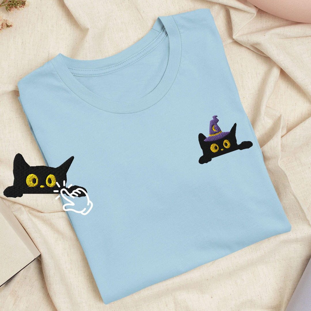 Black Wizard Cat Embroidered T-Shirt: Lightweight Cotton, Unisex Fit