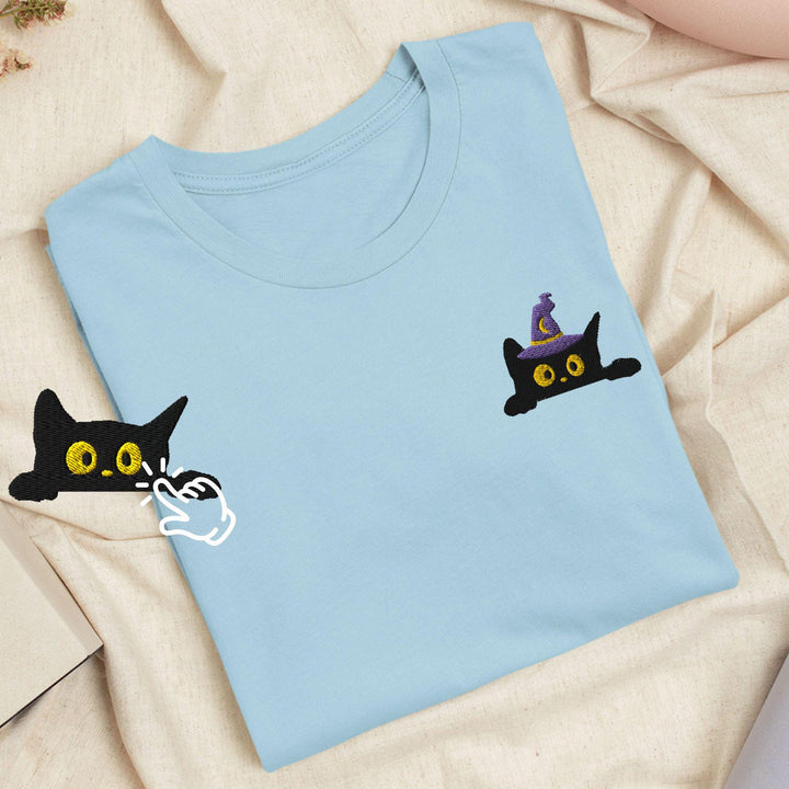 Black Wizard Cat Embroidered T-Shirt: Lightweight Cotton, Unisex Fit