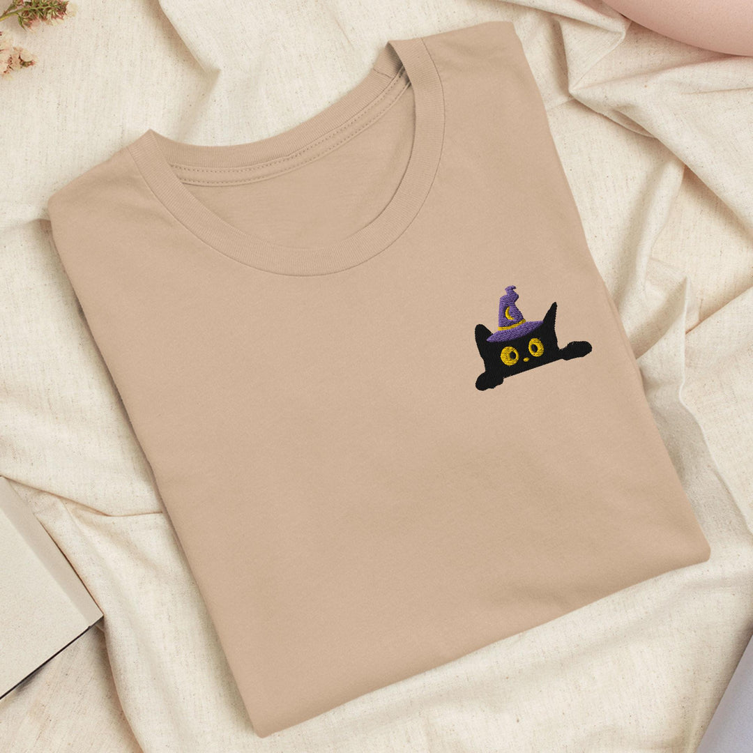 Black Wizard Cat Embroidered T-Shirt: Lightweight Cotton, Unisex Fit