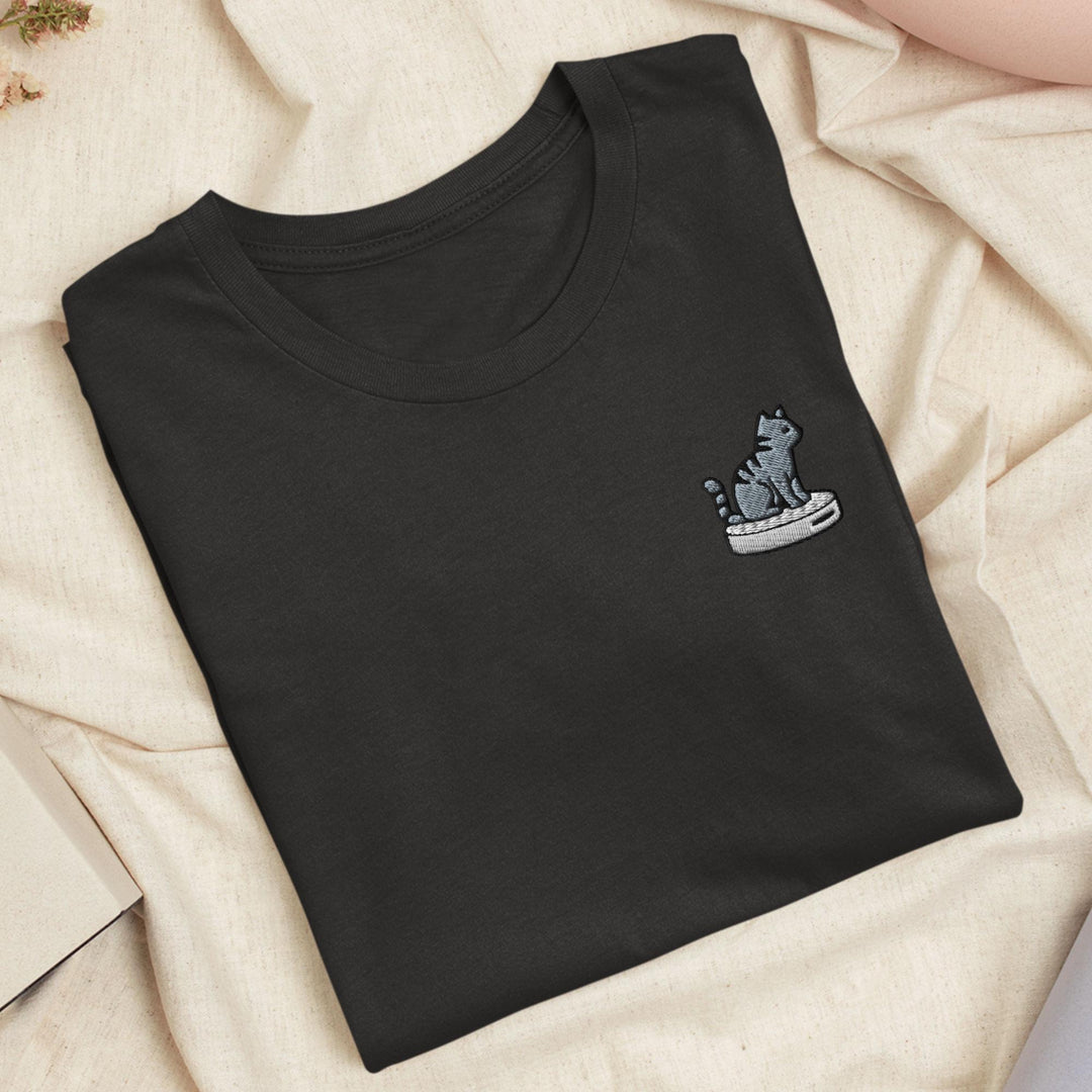 Cat on Vacuum Robot Embroidered T-Shirt: Lightweight Cotton, Unisex Fit