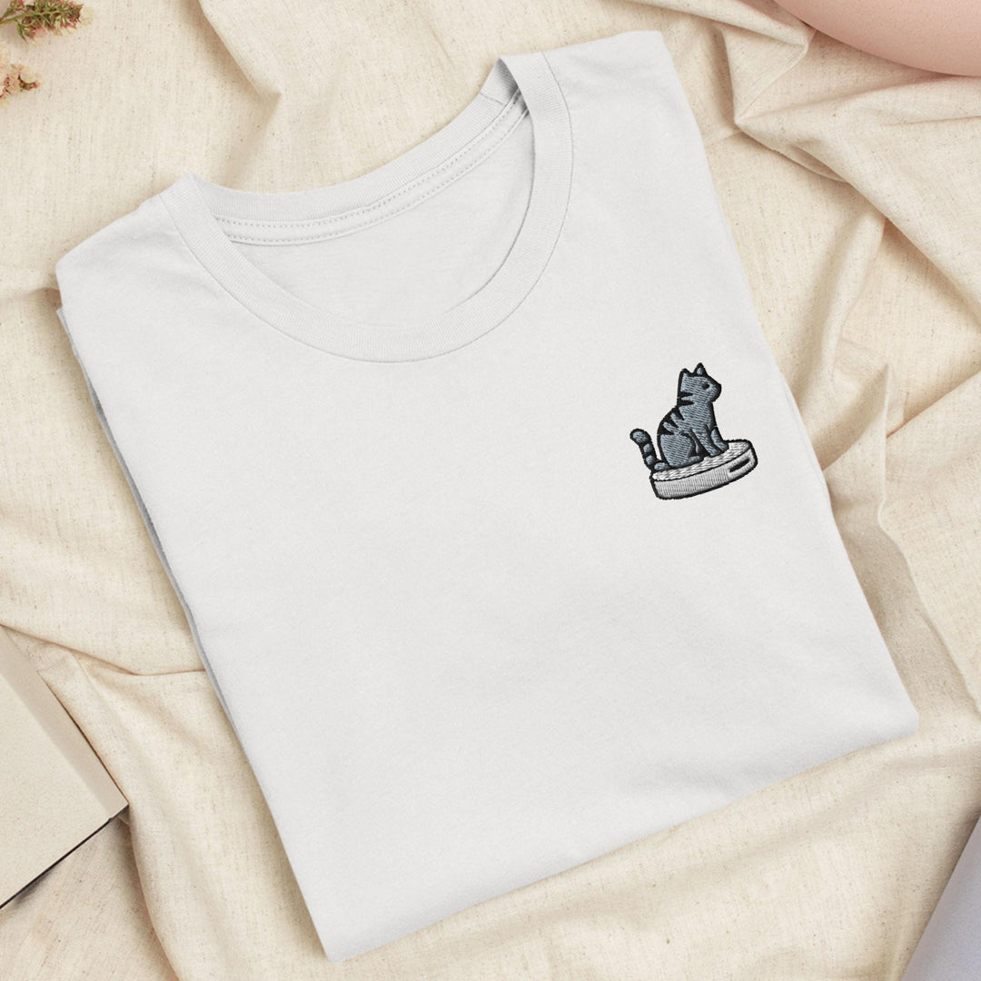 Cat on Vacuum Robot Embroidered T-Shirt: Lightweight Cotton, Unisex Fit