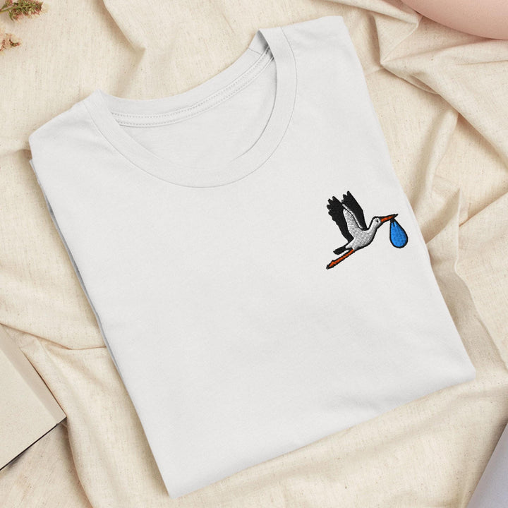 Flying Stork with Baby Bundle Embroidered T-Shirt: Lightweight Cotton, Unisex Fit