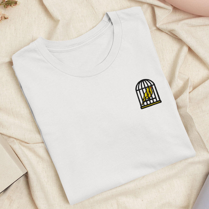 Canary in a Cage Embroidered T-Shirt: Lightweight Cotton, Unisex Fit
