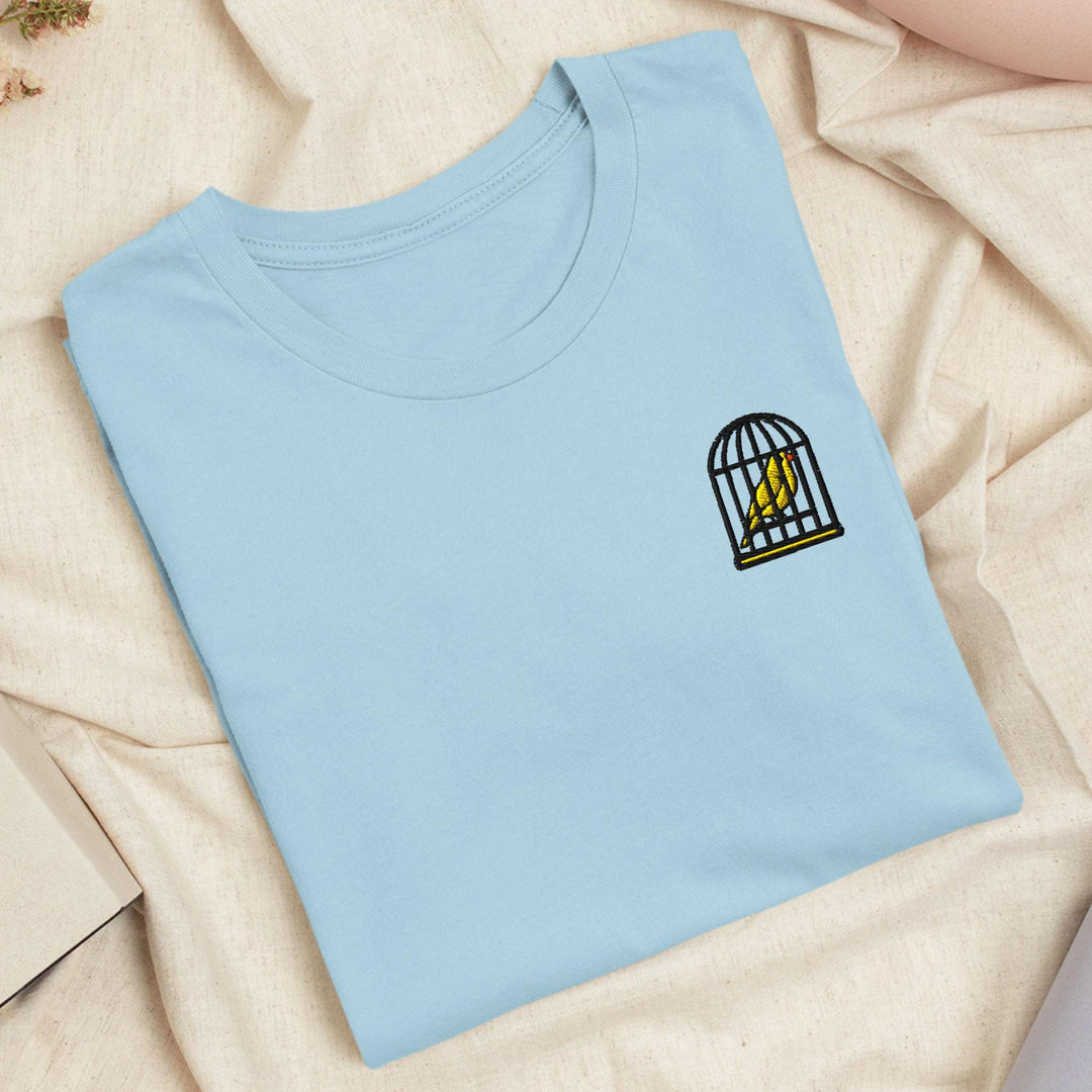 Canary in a Cage Embroidered T-Shirt: Lightweight Cotton, Unisex Fit