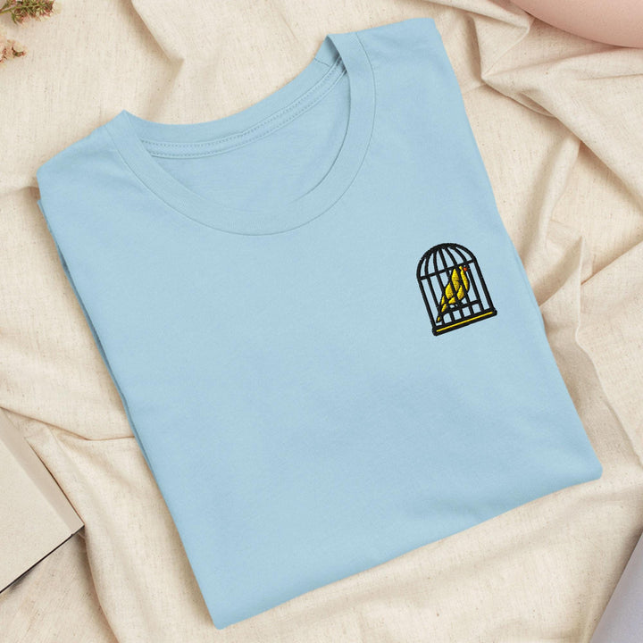 Canary in a Cage Embroidered T-Shirt: Lightweight Cotton, Unisex Fit