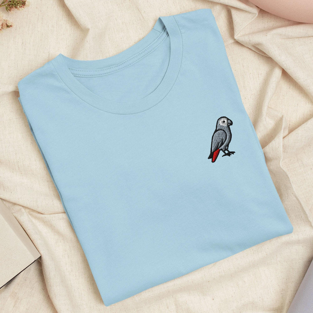 African Grey Parrot Embroidered T-Shirt: Lightweight Cotton, Unisex Fit