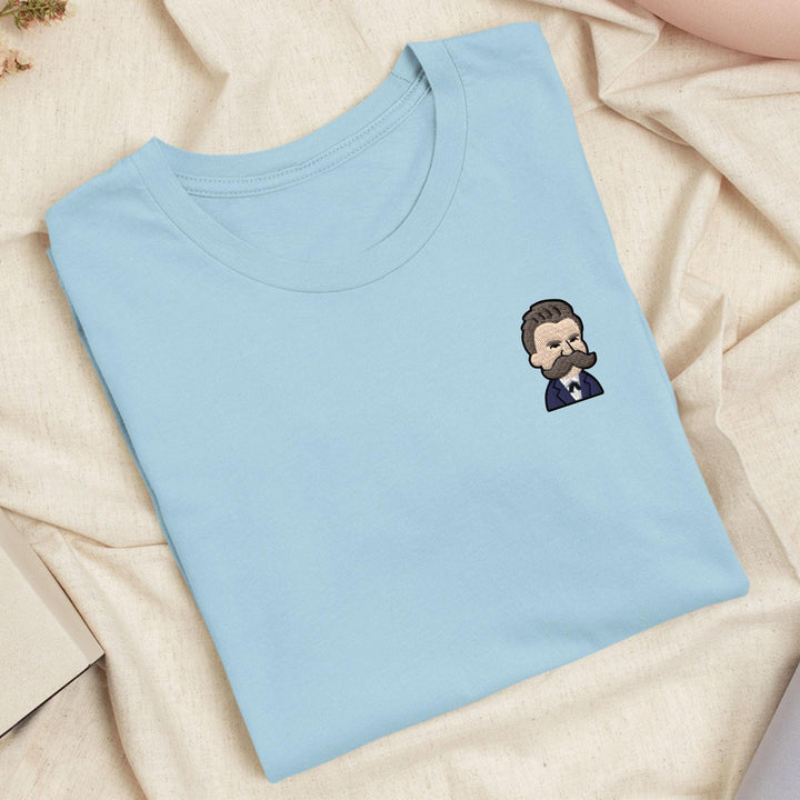 Cartoon Friedrich Nietzsche Embroidered T-Shirt: Lightweight Cotton, Unisex Fit