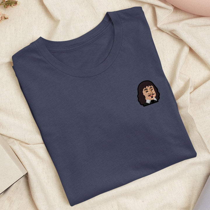 Cartoon René Descartes Embroidered T-Shirt: Lightweight Cotton, Unisex Fit
