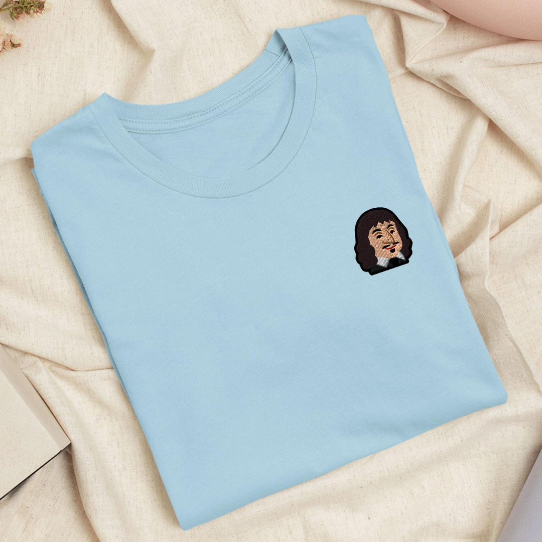 Cartoon René Descartes Embroidered T-Shirt: Lightweight Cotton, Unisex Fit