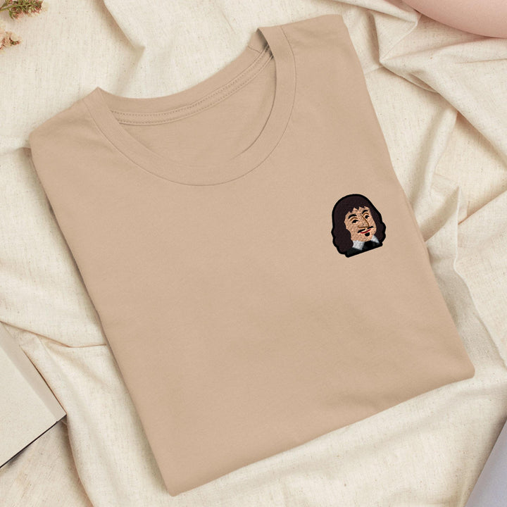 Cartoon René Descartes Embroidered T-Shirt: Lightweight Cotton, Unisex Fit