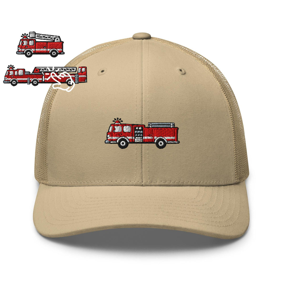 Red Fire Truck Embroidered Trucker Hat: Structured Retro Cap with Mesh Back
