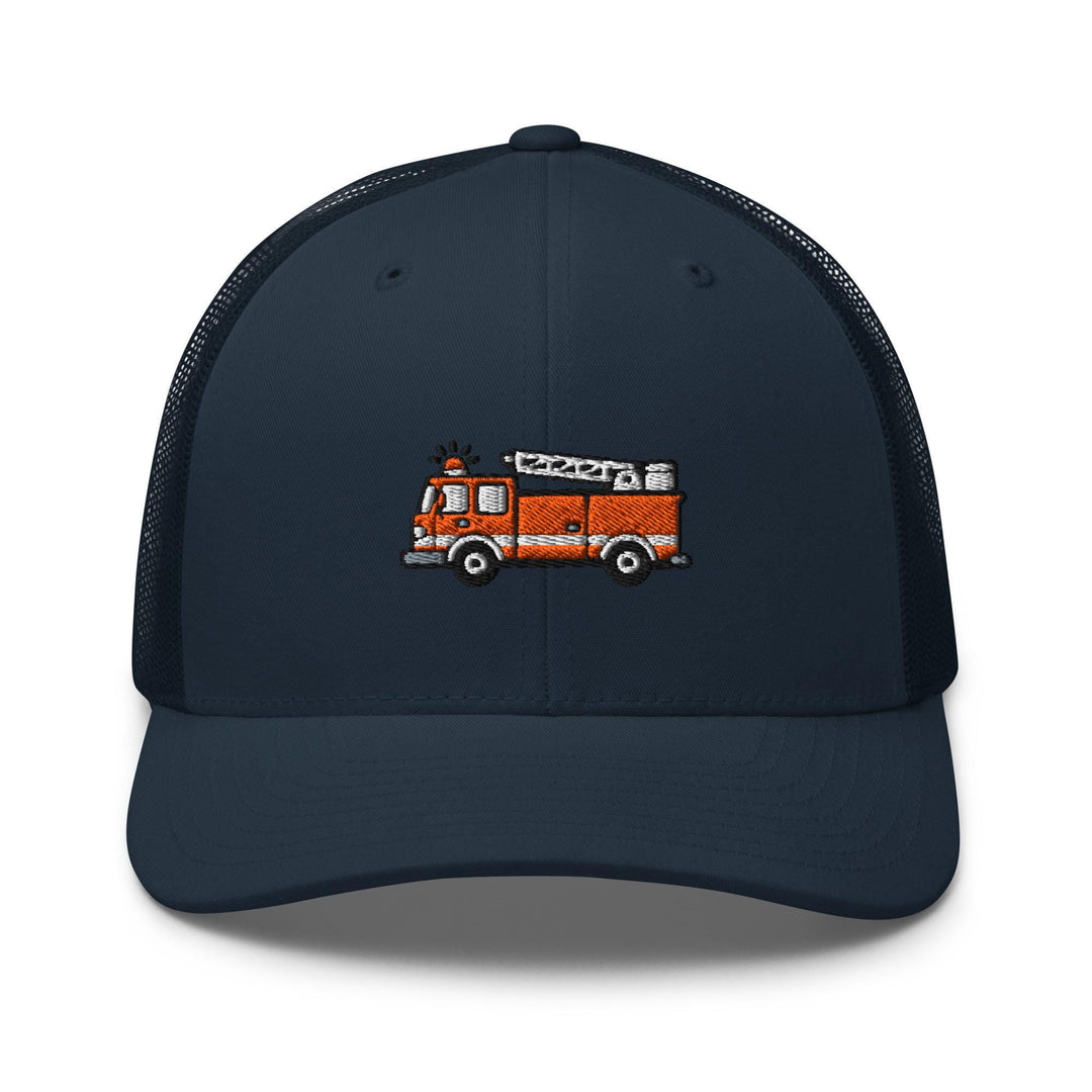 Red Fire Truck Embroidered Trucker Hat: Structured Retro Cap with Mesh Back