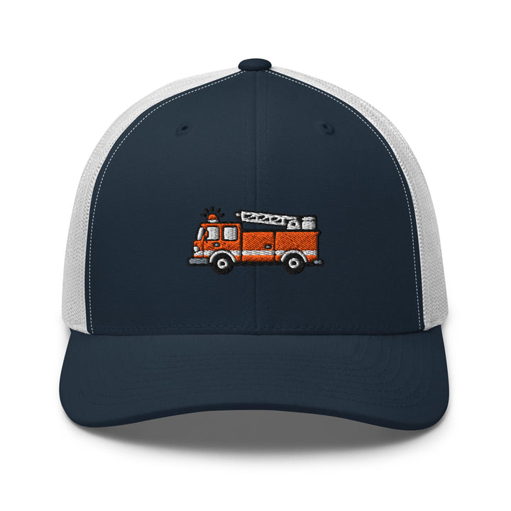 Red Fire Truck Embroidered Trucker Hat: Structured Retro Cap with Mesh Back