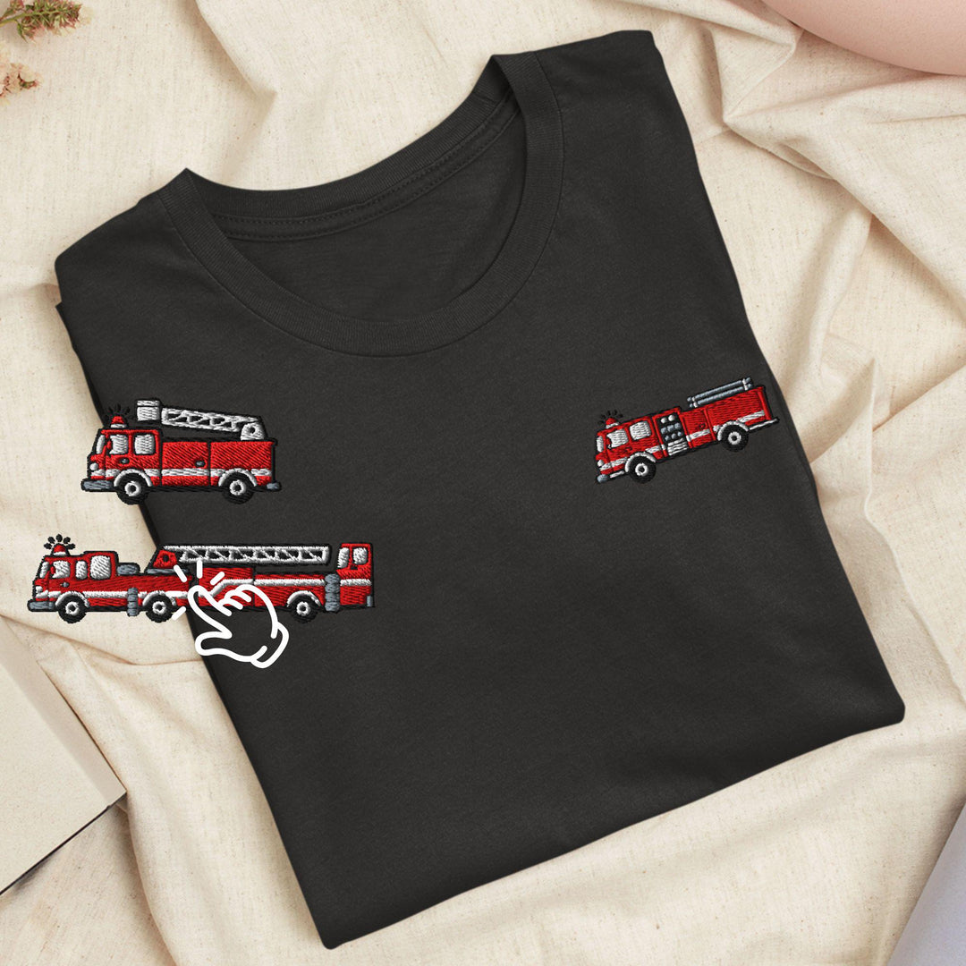 Red Fire Truck Embroidered T-Shirt: Lightweight Cotton, Unisex Fit