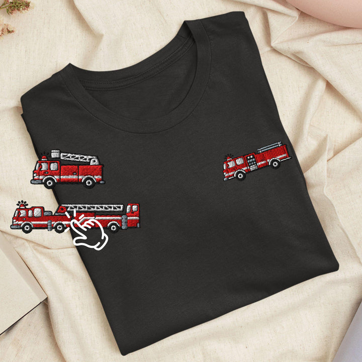 Red Fire Truck Embroidered T-Shirt: Lightweight Cotton, Unisex Fit