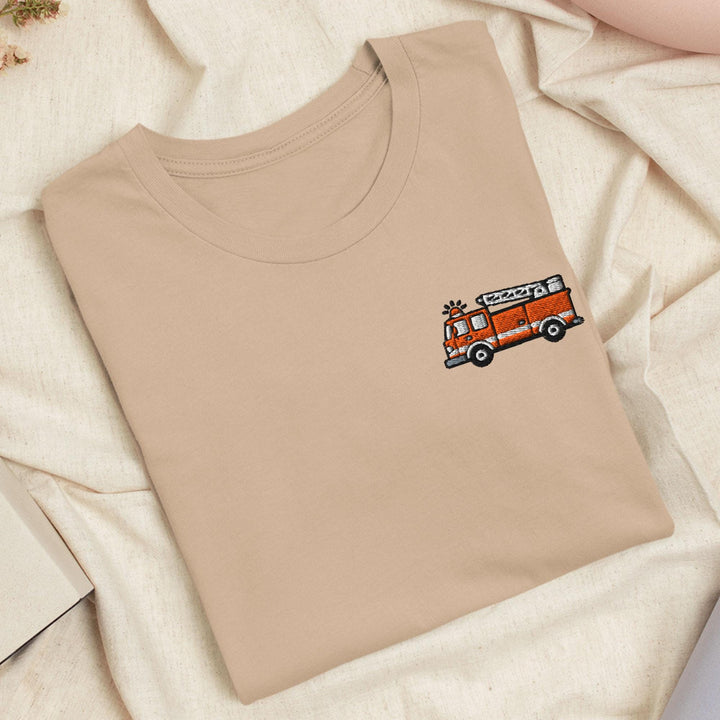 Red Fire Truck Embroidered T-Shirt: Lightweight Cotton, Unisex Fit