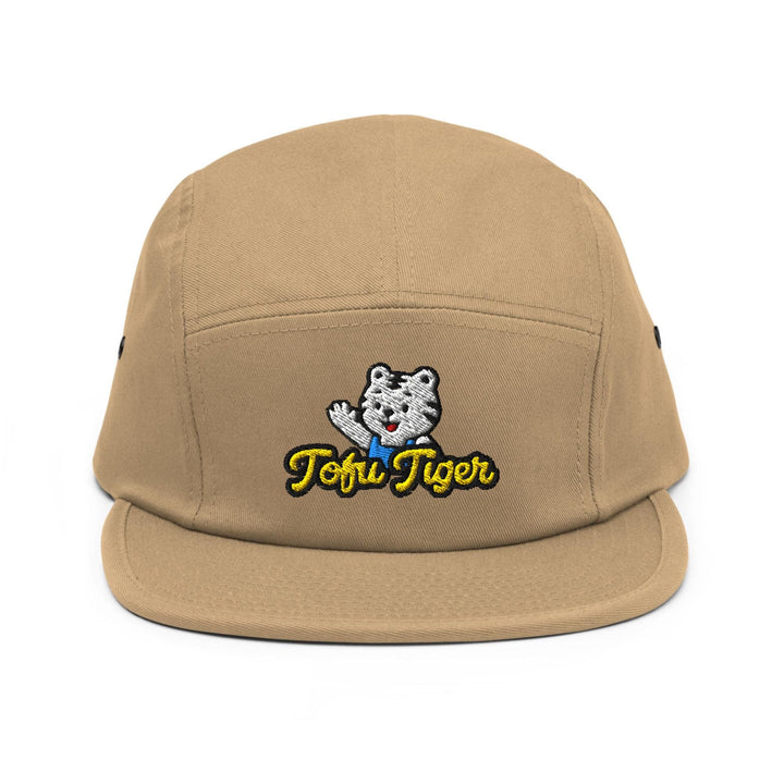 Tofu Tiger Mascot Embroidered 5‑Panel Cotton Camper Cap: Adjustable Fit