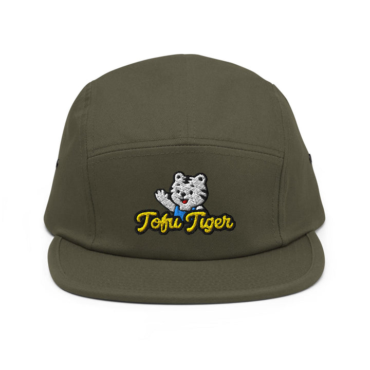 Tofu Tiger Mascot Embroidered 5‑Panel Cotton Camper Cap: Adjustable Fit