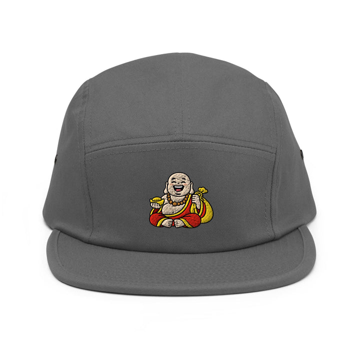 Budai Laughing Buddha Embroidered 5‑Panel Cotton Camper Cap: Adjustable Fit