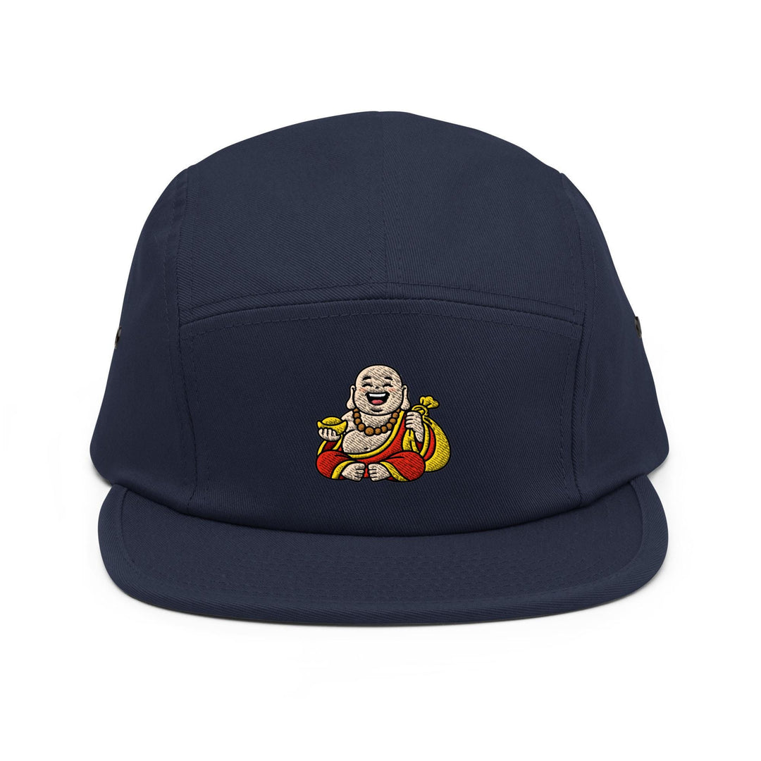Budai Laughing Buddha Embroidered 5‑Panel Cotton Camper Cap: Adjustable Fit