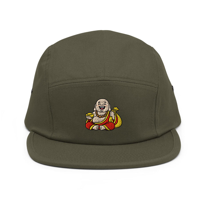 Budai Laughing Buddha Embroidered 5‑Panel Cotton Camper Cap: Adjustable Fit
