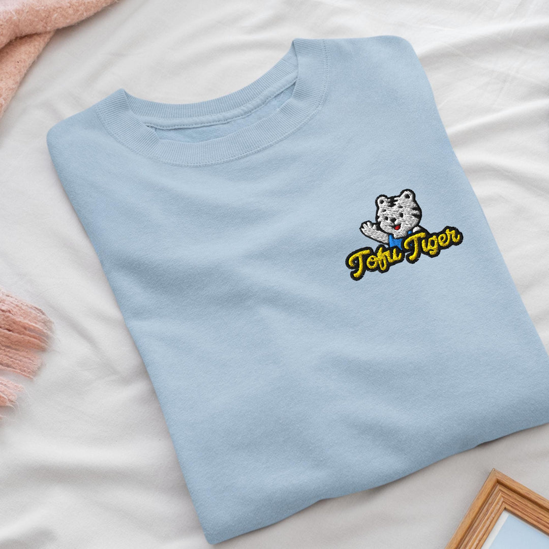 Tofu Tiger Mascot Embroidered Crewneck Sweatshirt: Cotton Blend, Unisex Fit