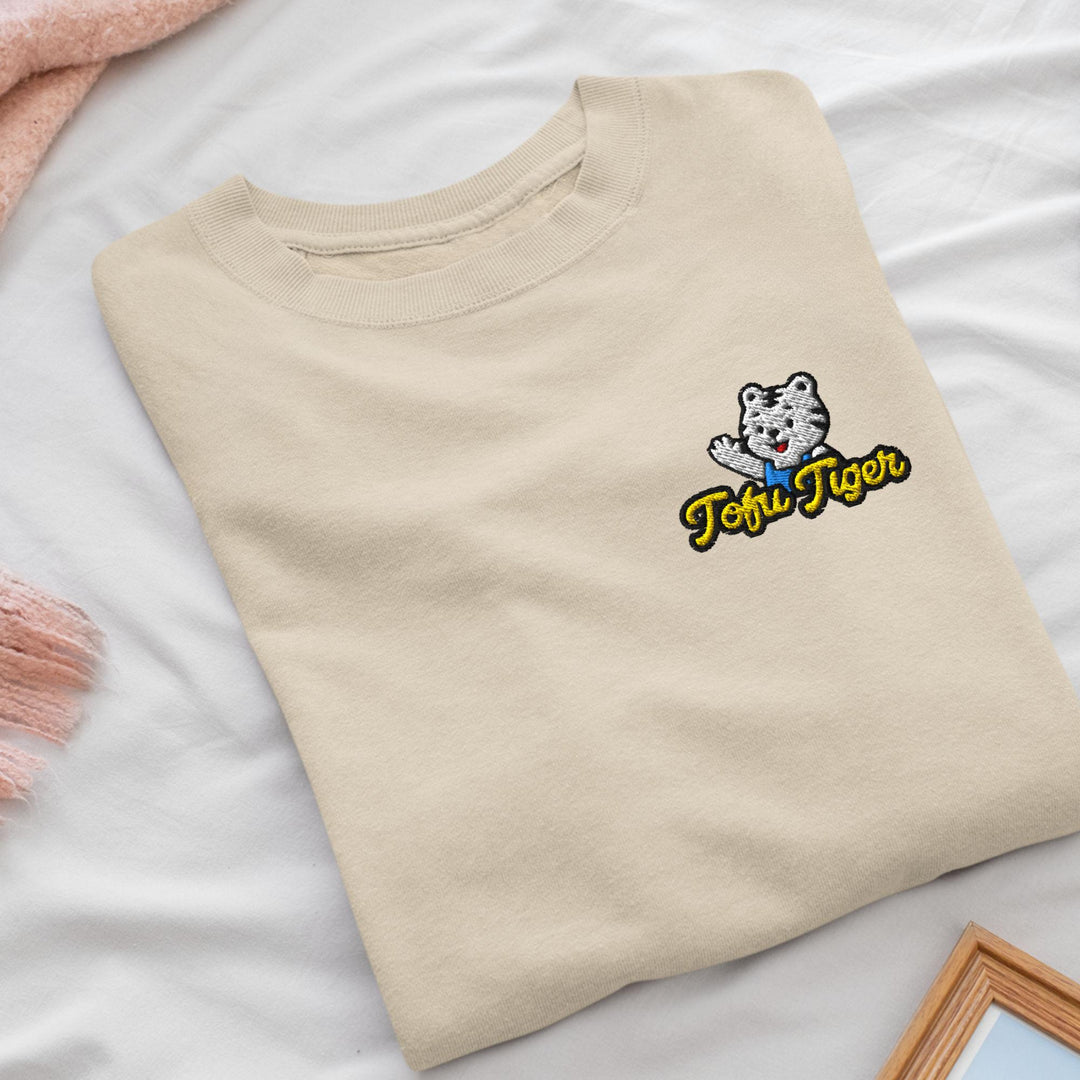 Tofu Tiger Mascot Embroidered Crewneck Sweatshirt: Cotton Blend, Unisex Fit