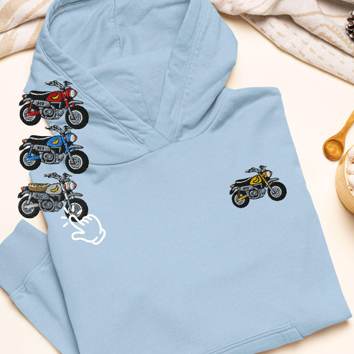 Chimp Mini Japanese Motorcycle Embroidered Hoodie: Heavy Blend Cotton-Poly, Unisex Fit