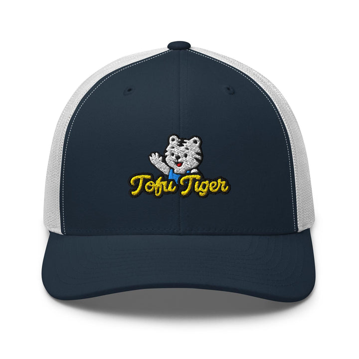 Tofu Tiger Mascot Embroidered Trucker Hat: Structured Retro Cap with Mesh Back