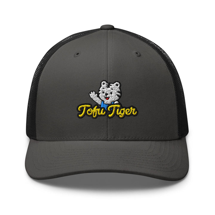 Tofu Tiger Mascot Embroidered Trucker Hat: Structured Retro Cap with Mesh Back