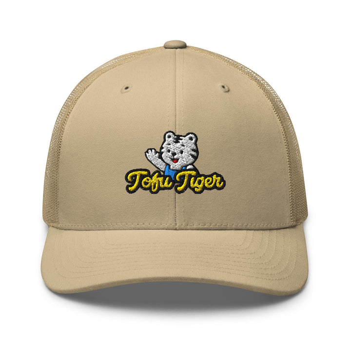 Tofu Tiger Mascot Embroidered Trucker Hat: Structured Retro Cap with Mesh Back