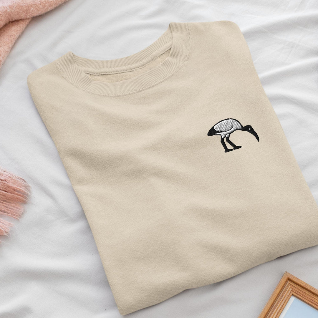 Bin Chicken Ibis Bird Embroidered Crewneck Sweatshirt: Cotton Blend, Unisex Fit