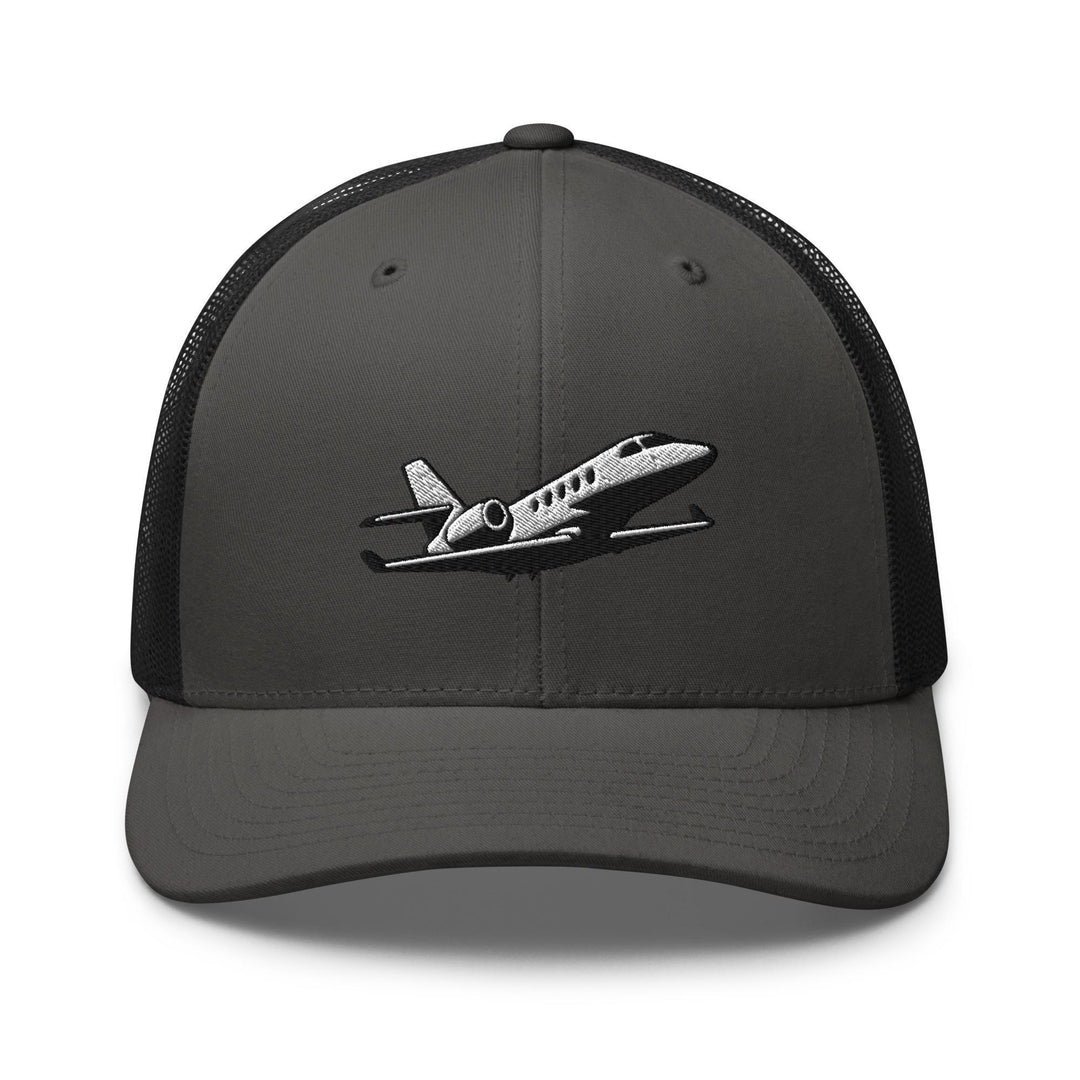Business Jet Embroidered Trucker Hat: Structured Retro Cap with Mesh Back