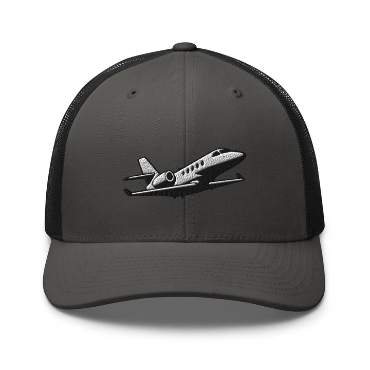 Business Jet Embroidered Trucker Hat: Structured Retro Cap with Mesh Back