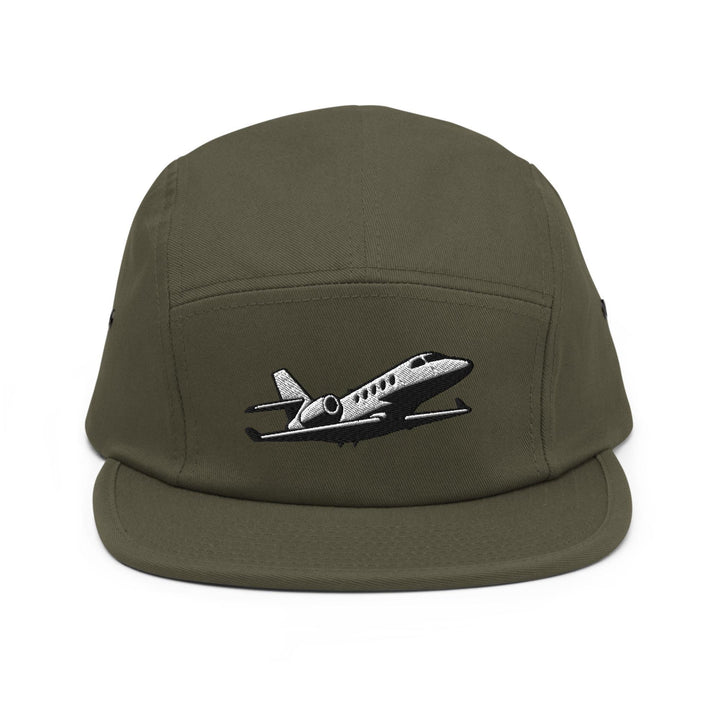 Business Jet Embroidered 5‑Panel Cotton Camper Cap: Adjustable Fit